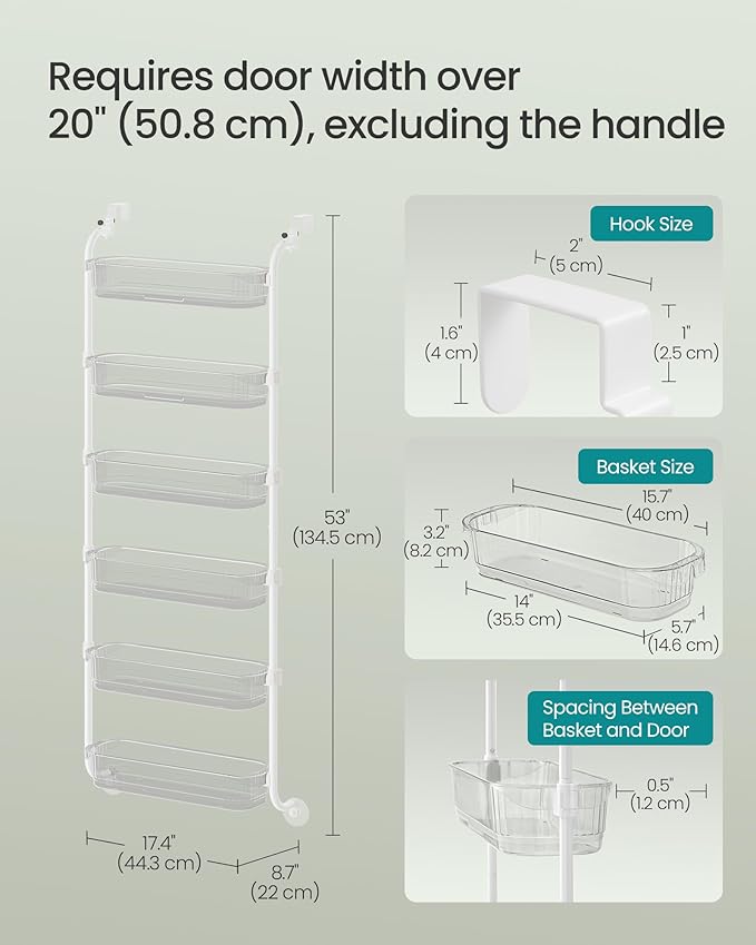 SONGMICS Over the Door Pantry Organizer, 6-Tier Kitchen Pantry Door Organizer with Adjustable Tall Baskets, Hanging Spice Rack, for Bedroom Bathroom Laundry Room, Transparent UKCS046WG01