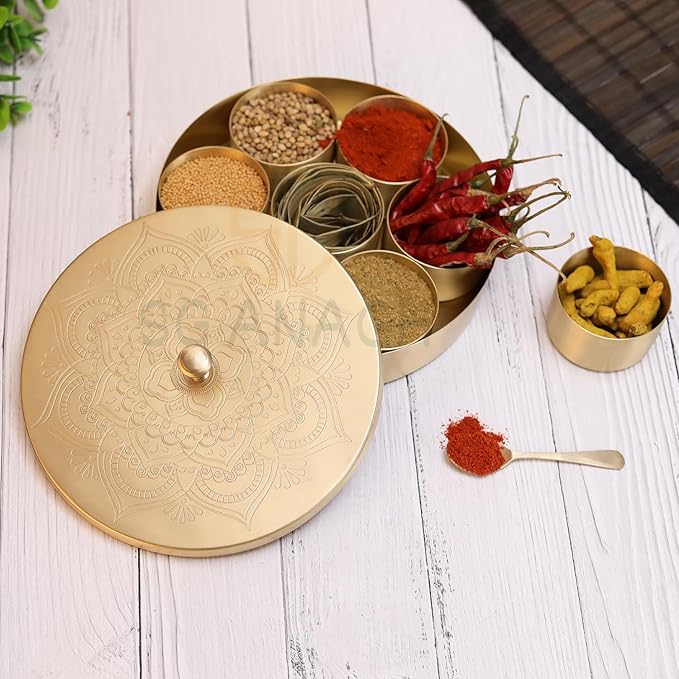 Brass Round Spice Box Masala Dabba-Spice Box Set With Spoon Container 90 ML Indian Masaladanni for Kitchen Counter 8 Inch With Spoon (Floral, 8 Inch (Medium Family)