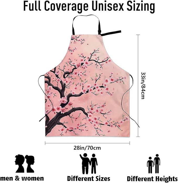 Pretty Cherry Blossom Apron, Kitchen Cooking Baking Adjustable Polyester Pink Blooming Floral Aprons for Women, with 2 Pockets, 28×33in, Ideal Gifts for Wife, for Chef Gardening Grilling
