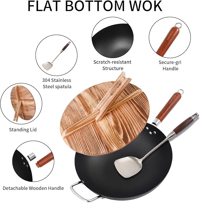 13.5" Carbon Steel Wok Pan with Wooden Lid Standable,Pre-Seasoned Flat Bottom Woks & Stir-fry Pans Chinese Cookware Compatible with Induction, Gas Pan-fry,Stir Fry, Steam, BBQ & Camping