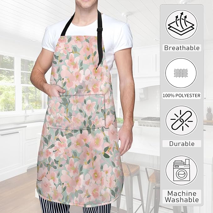 Floral Apron,Oxford Fabric Adjustable Kitchen Apron with 2 Pockets,Waterproof Cooking Aprons for Men Women Mom Wife Dad,Ideal Gifts for Coffee House,Shop,Baking,BBQ,Housewarming,28x33in