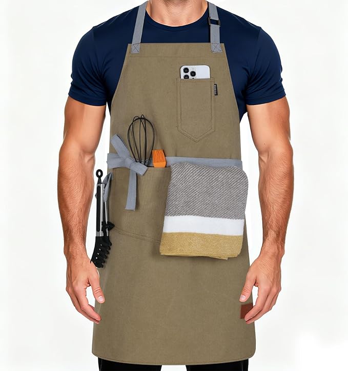 Womens Apron With Pockets Adjustable Shoulder Strap,Apron For Men 38.5" Extra-Long Straps Fit More Body Types,Chef Apron For Kitchen Garden Barbecue Woodworking