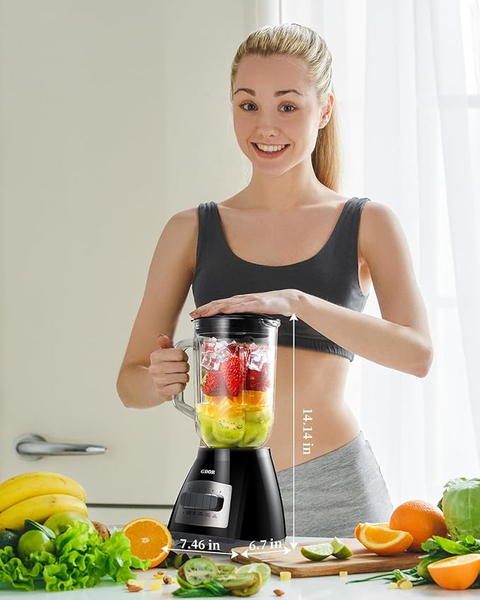 GDOR Blender, 52 Oz Glass Jar, Multi-Function Kitchen Blender & Grinder Combo, 9 Functions with Shakes, Puree, Crush Ice, and Chop, Max 700W, Self Cleaning