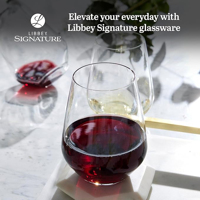 Libbey Signature Greenwich Stemless Wine Glasses, 18-Ounce, Set of 6, Made in USA, Dishwasher Safe, Angular Modern Stemless Glassware, Gift Box