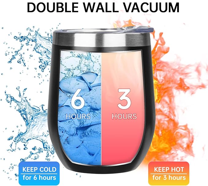 MEZMUT 12 Oz Insulated Wine Tumbler with Lid Double Wall Vacuum Stainless Steel Wine Glass Coffee Mug Insulated Tumbler Cup for Champaign, Cocktail, Beer (Black, 4 Pack)
