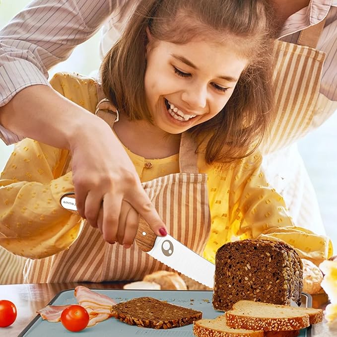 Kids Knife Set for Real Cooking with Sharped Blade for Children, Finger Guard & Educational Ring for Cutting Trainning, Rosewood Handle & Stainless Steel Blade Sharped Edge
