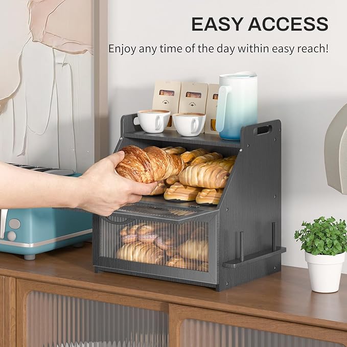 Farmhouse Breadbox Organizer - Large Wooden Double Layer Bread Bin with Acrylic Window, Black