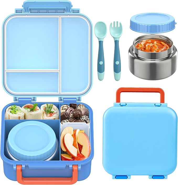 Bento Box for Kids with Soup Thermos(9oz)– Kid Bento Lunch Box with Leak Proof Insulated Food Jar, Hot & Cold Lunch Container Set for School Girls Boys, 4-Compartments, Dishwasher Safe, Blue