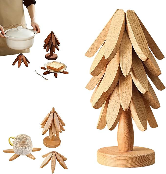 Natural Tree Trivet Set - Natural Foldable Kitchen Trivets, Handmade Wooden Hot Pad Holder for Plates, Pots, Pans, Cup, Kitchen Dining Table Protection (Wood, L)