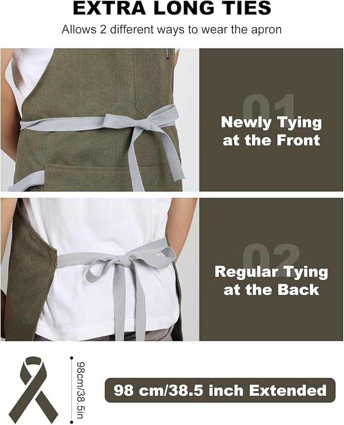 Womens Apron With Pockets Adjustable Shoulder Strap,Apron For Men 38.5" Extra-Long Straps Fit More Body Types,Chef Apron For Kitchen Garden Barbecue Woodworking
