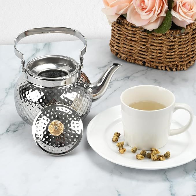 Hammered Tea Kettle, Stainless Steel Tea/Coffee Pot Loose Leaf Teapot for Tea, Milk, Coffee, 1.2L Teapot with Strainer Stovetop Tea Kettle, Outdoor Travel Supplies, Gift For Tea (Silver)