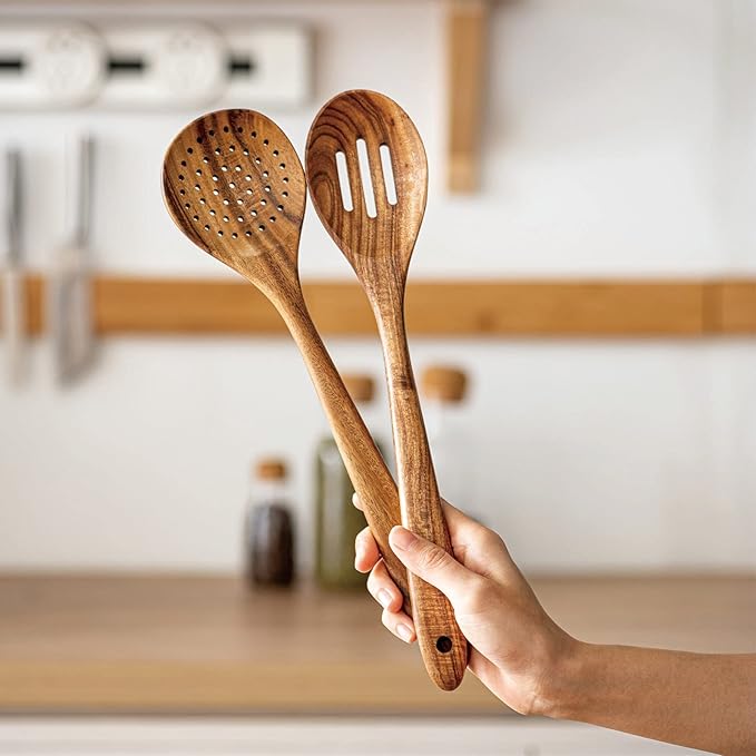 Gudamaye 13 inch Long Wooden Spoons for Cooking,Wooden Utensils for Cooking with Utensils Holder,9 PCES Wooden Kitchen Utensils Set with Utensils Holder and Spoon Rest,Natural Teak Wooden Spoons Set