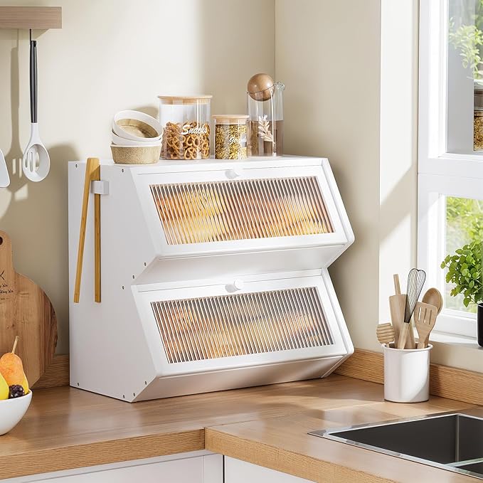 WOWLIVE Double Layer Bread Box for Kitchen Countertop, Large Bamboo Bread Storage Container for Homemade Bread, Farmhouse Bread Holder for Kitchen Counter Cabinet, Pantry, (White, Extra Large)