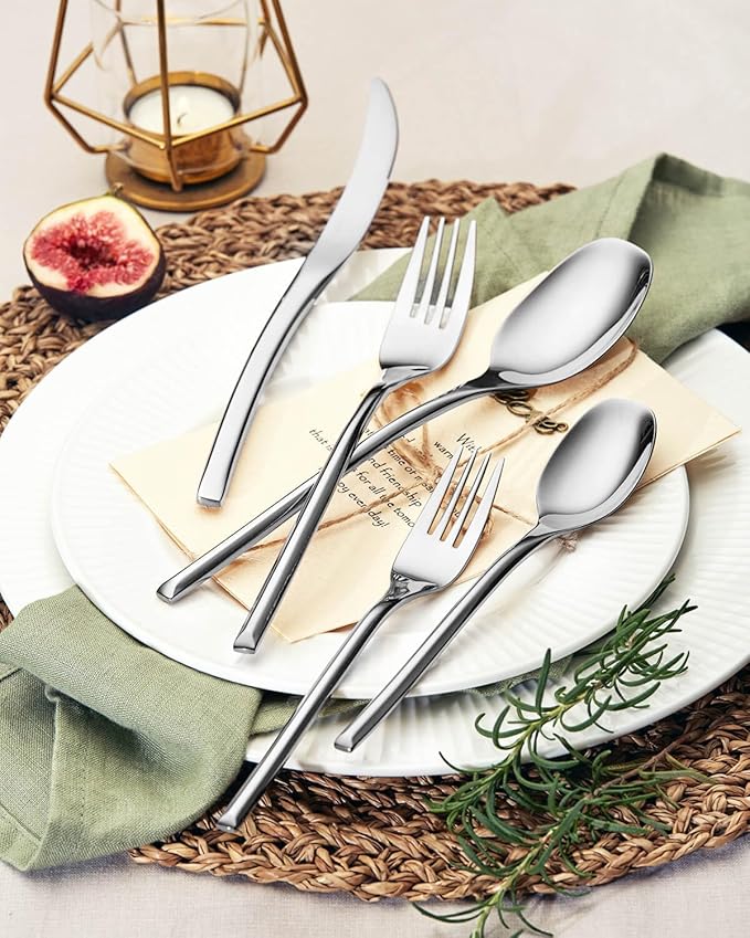 Lemeya 40-Piece Silverware Set for 8,Modern 18/10 Stainless Steel Flatware Set,Luxury Cutlery Set,Unique Utensils Set for Restaurant,Spoons and Forks Set,Mirror Polished,Dishwasher Safe