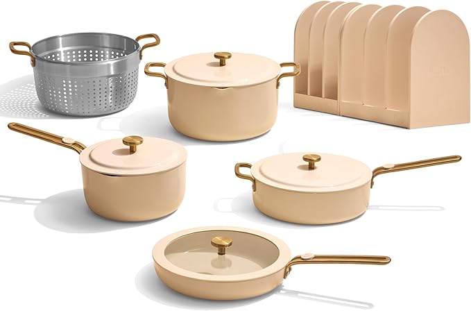 Our Place 11-Piece Essentials Complete Cookware Set - Ceramic Fry Pan, Saucepan, Sauté Pan, Stock Pot, Strainer Basket & Rack Storage | Thermakind™ Nonstick, Oven Safe up to 450°F | Cream