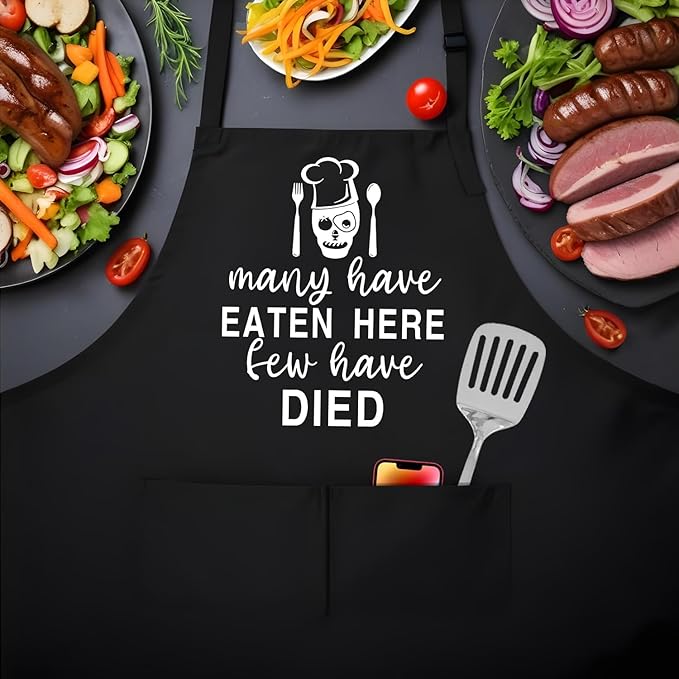 Many Have Eaten Here Few Have Died,Funny Chef Apron,Funny Aprons for Women Men with 2 Tool Pockets,Waterproof and OilProof,Fun BBQ Baking Grilling Kitchen Apron