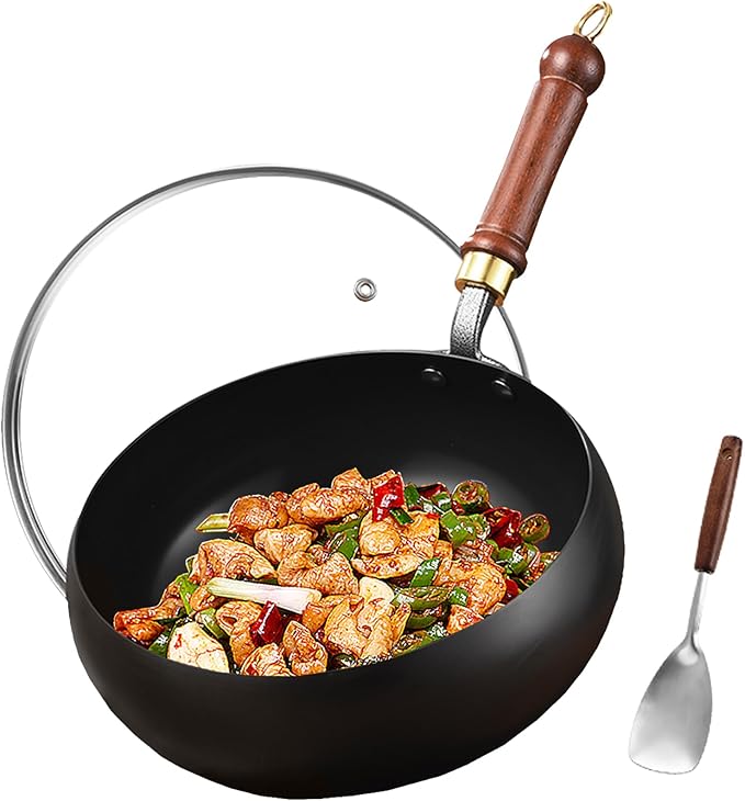 Carbon Steel Wok Pan, 11" Woks & Stir-Fry Pans with Glass Lid Cookwares, Nonstick Wok Flat Bottom Small Handmade Chinese Wok For for All Stoves