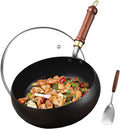 Carbon Steel Wok Pan, 9.5" Woks & Stir-Fry Pans with Glass Lid Cookwares, Nonstick Wok Flat Bottom Small Handmade Chinese Wok For for All Stoves
