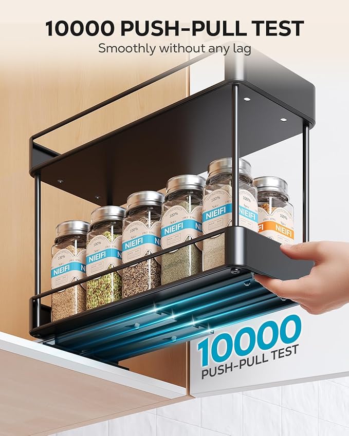 Nieifi Spice Rack Organizer for Cabinet, Vertical Spice Rack Pull Out, Easy to Install, Metal, 4.1''Wx10.35''Dx8.4''H, 2 Pack, 2 Tiers(Black)