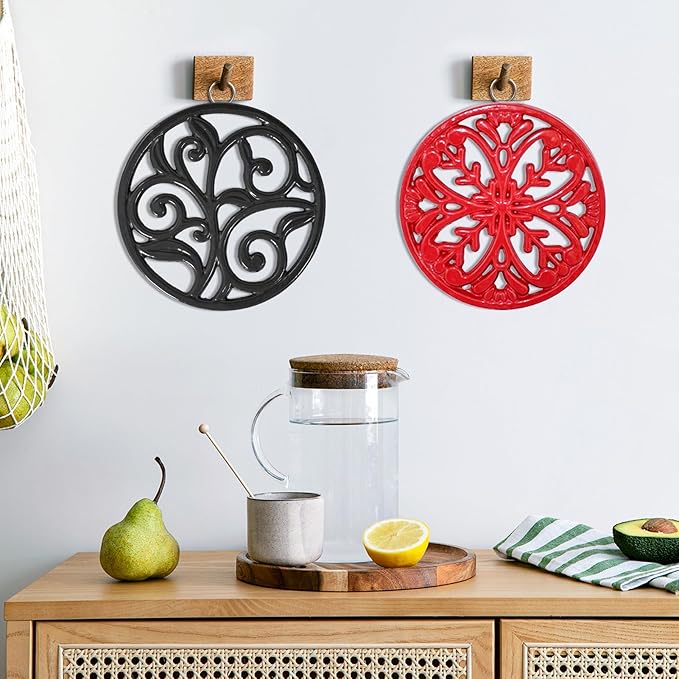 JOGREFUL Cast Iron Trivet Mats, Kitchen Pot Holders to Portect Table/Countertops, Heat Resistant Mats for Teapot/Hot Dishers/Plates, Vintage Mats with Weighted-Base, Vine Pattern, Black