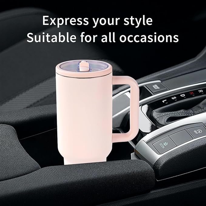 40 oz Insulated Tumbler with Handle,Flip Straw,Lid & Rubber Base Stainless Steel Water Bottle - Leak Proof Vacuum Insulated Mug BPA Free Reusable Travel Cup Gifts for Women/Men (rose quartz1)