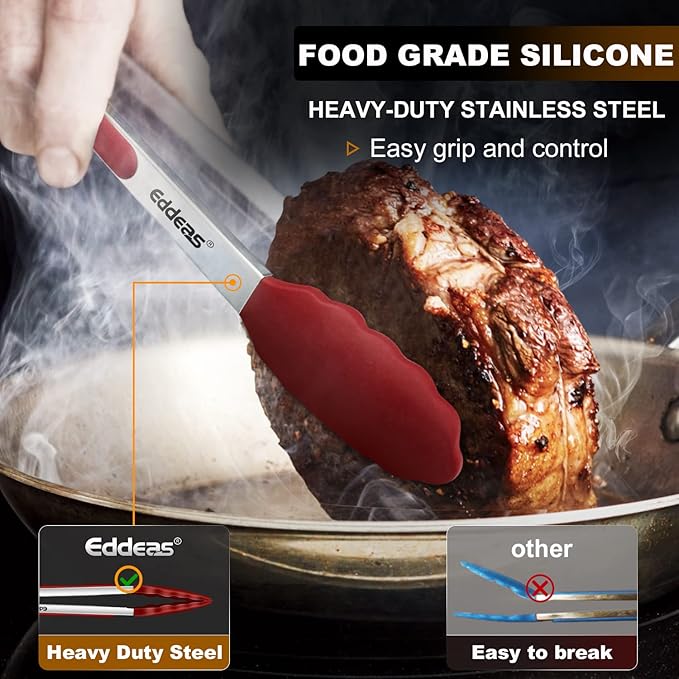 Tongs For Cooking - 7",9" and 12 inch Kitchen Tong with Silicone Tip,Heat Resistant 600 Degrees Metal Locking Tongs - for cooking,Salad and Barbecue,Red Set of 3