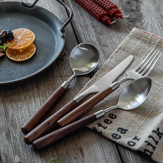 Wood Silverware Set for 4 Wooden Flatware Cutlery Utensils Set 18/10 Stainless Steel Walnut Handle 16 Piece Tableware Set for Home Kitchen Wedding Restaurant