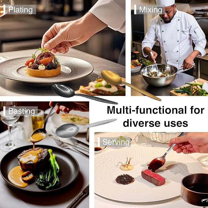 Chef Kunz Spoons - Professional Set for Basting, Plating, Quenelle, Serving, Sauces| Vintage-inspired 8" & 9" Chef Spoon Set| Culinary Plating Tools with Non-Slip Grip (Black)