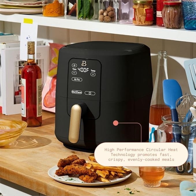 Beautiful by Drew Barrymore 6-Quart Digital Air Fryer, TurboCrisp Technology, Touch-Activated Display, 1750W, 90–400°F, Dishwasher-Safe Basket (BLACK SESAME)