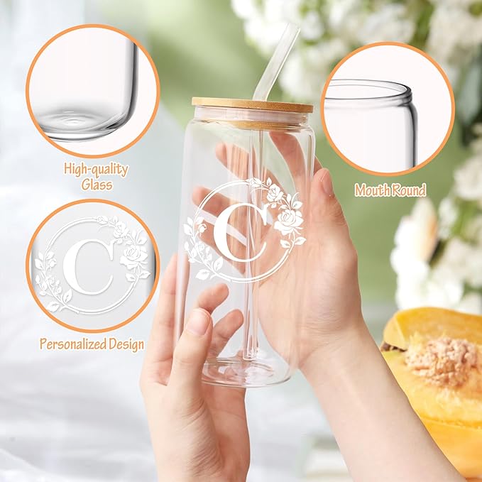 Birthday Gifts for Women, Monogrammed Initial Glass Cup Personalized Gifts for Women, 16oz Glass Cups with Lids and Straws, Iced Coffee Cup, Beer Can Shaped Glass - Gifts for Christmas, Birthday, C