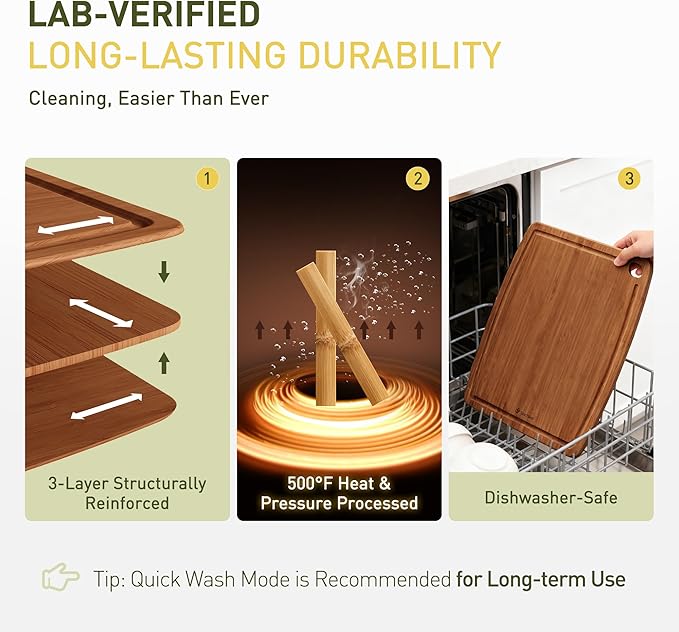 Dishwasher Safe Bamboo Cutting Boards Durable Lightweight Wood Cutting Board for Busy Kitchen, Easy Clean Wooden Chopping Boards with Juice Groove