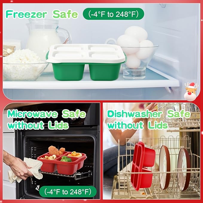 Honeydak 5 Pack Snack Containers 4 Compartment Bento Snack Boxes Reusable Lunchable Containers with Lids Divided Meal Prep Lunch Food Storage Box for School Work Travel(Christmas,Equal)