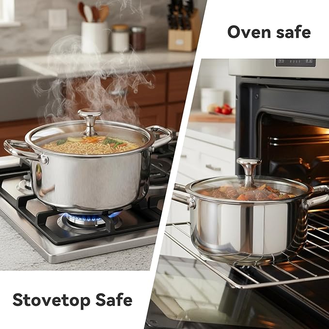 6QT Stainless Steel Stock Pot with Encapsulated Bottom & Lid - Professional Soup Pot - Nonstick Thick Bottom Stockpot for Cooking, Stewing, and Canning, Dishwasher Safe