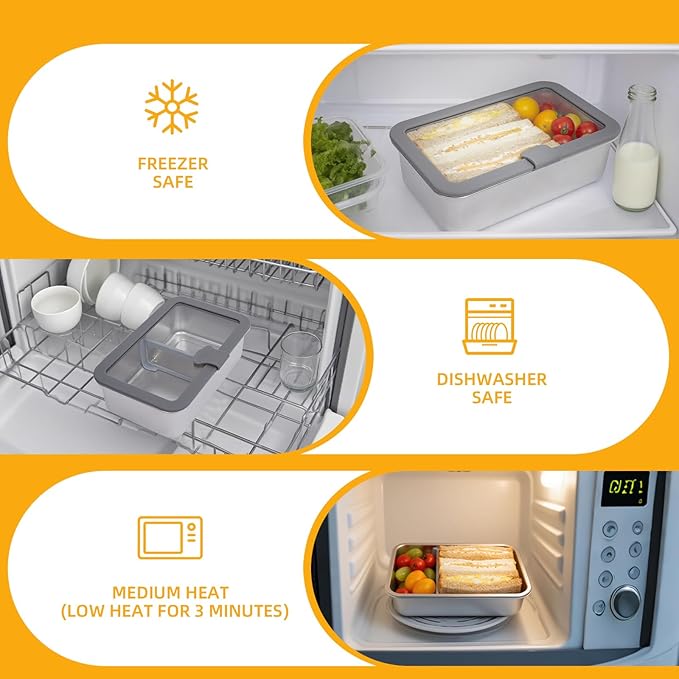 KEKEGO Lunch Box, Premium Stainless Steel Bento Box, Leakproof Lunch Box for Adults Food Storage, 42oz/1.25L with Glass Lid, Microwave & Dishwasher