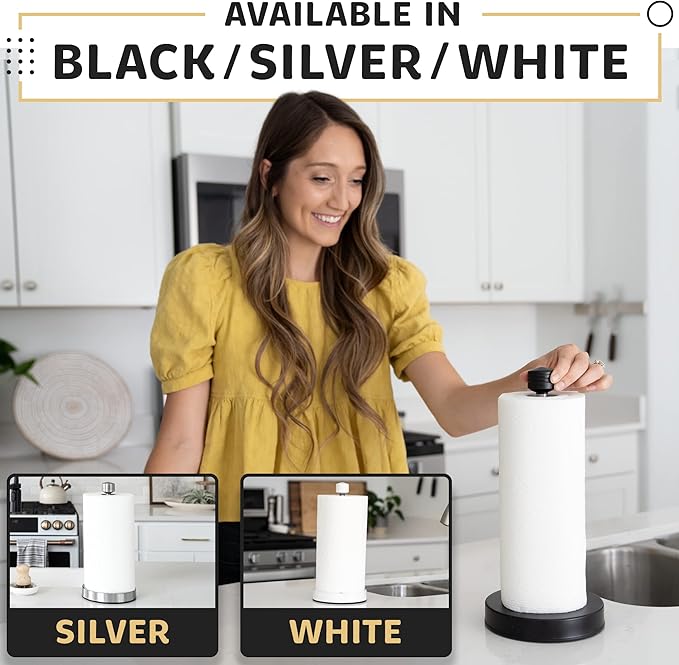 Dear Household Stainless Steel Paper Towel Holder Easy One-Handed Operation - This Sturdy Weighted Paper Towel Dispenser Countertop Model Has Suction Cups and Holds All Paper Towel Rolls - White