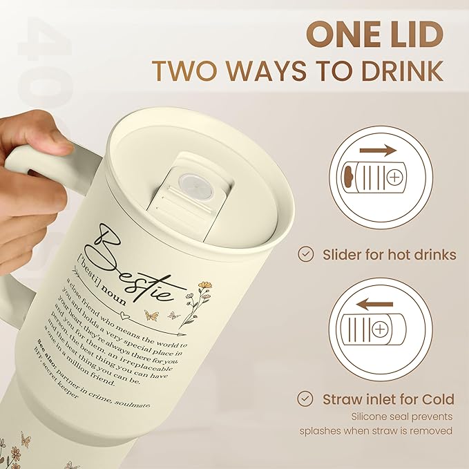 Best Friend Tumbler with Handle 40oz, Bestie Cups for Women Stainless Steel Coffee Travel Tumblers with Straw, Bestie Gifts for Female Friends BFF, Friendship Gift for Birthday Christmas Valentines