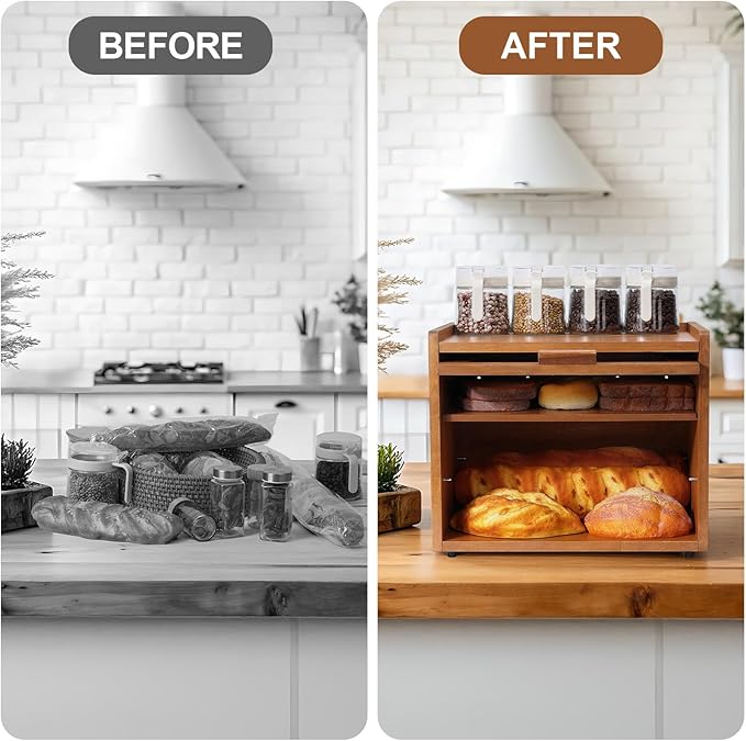Bread Box for Kitchen Countertop Container Bin 2 Layer Wooden Bread Storage Adjustable Shelf Holder Large Capacity Modern Farmhouse Food Organizer Acrylic Window (Brown)