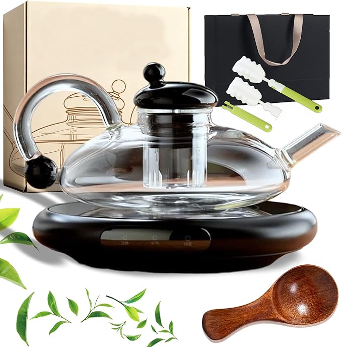 Electric Glass Teapot with Warmer - 20 Oz Glass Electric Tea Kettle with Infuser, 9-Temperature | 1000w Heating Ceramic Stove, TeaPot Set with Infuser for Loos Tea & Coffee (Translucent-with Base)