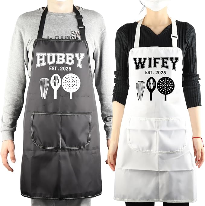 MBMSO Hubby Wifey Cooking Aprons for Couples Apron Sets Hubby and Wifey Est.2025 Wedding Gift for Newlywed His and Hers Apron
