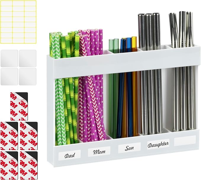 Upgraded Acrylic Straw Holder for Cabinet Door, Fridge & Countertop–Magnetic/Adhesive Dual Mount, Strong Hold, Space-Saving Straw Organizer with Adhesive Tape, Magnetic Sheet