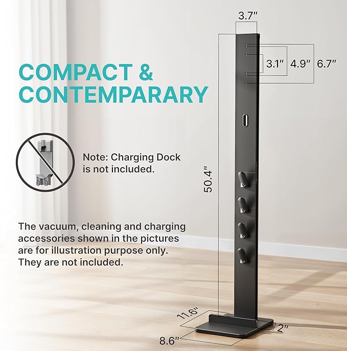 Vacuum Cleaner Stand, Compatible with Cordless Vacuums Dyson Gen5 V15 V12 V11 V10 V8 V7 V6, Floor Vacuum Accessory Holder with 4 Hooks, Metal Storage Bracket Organizer, Black