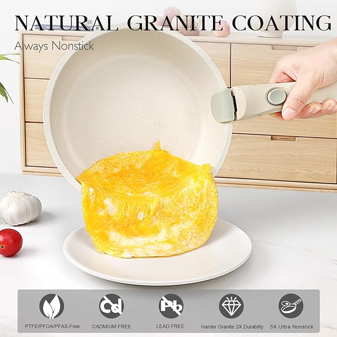 GiPP Non Stick Frying Pans Set Removable Handle, Oven Safe Nonstick Fry Pan Skillets with Detachable Handle, Granite Coating Healthy Cooking Compatible with All Stovetops, PFOA Free, RV Cookware set