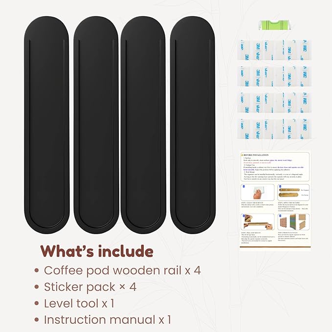 Bamboo Coffee Pod Holder, Adhesive Wall Mount for Cabinet Door, 20-Capsule Storage (Set of 4) — Vertical/Horizontal — Compatible with Nespresso Vertuo Line-Black