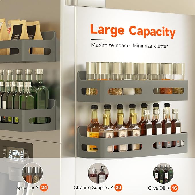 4 Pack Magnetic Spice Rack for Refrigerator, Spice Rack Organizer, Moveable Magnetic Shelf Fridge Organizer with 4 Hooks for Kitchen and Oven Organization, Grey