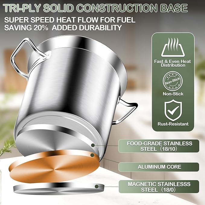 Stainless Steel Stockpot – 40QT Stock Pot with Lid, Heavy-Duty Tri-Ply Bottom Cooking Pot for Canning, Boiling Beer Brewing, Soup, Seafood Boil – Satin Finish Stainless Steel Soup Pot