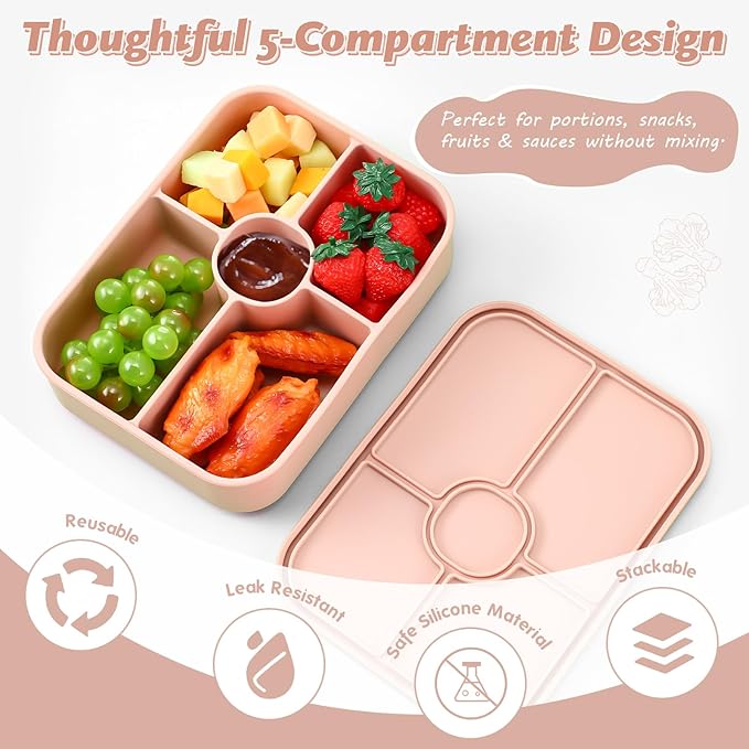 4 Pack Silicone Bento Boxes for Adults, 5 Compartment Reusable Lunch Containers with Sauce Section, Leakproof Meal Prep Snack Box Microwave & Dishwasher Safe for Work School Office(Light Color)