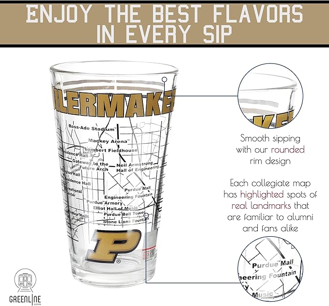 Greenline Goods – University of Purdue Boilermakers College Pint Beer Glasses (Set of 2), 16 oz – Full-Color Logo + Campus Map