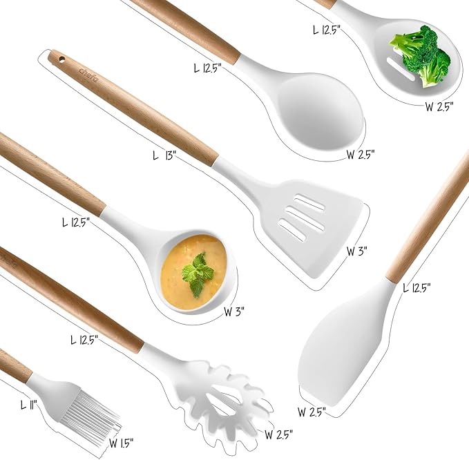 Silicone Cooking Utensils | Wooden Handle, Non-Stick Cookware Heat Resistant Kitchen Utensil Spatula, Slotted & Solid Spoon, Soup Ladle, Slotted Turner and Spaghetti Server - White
