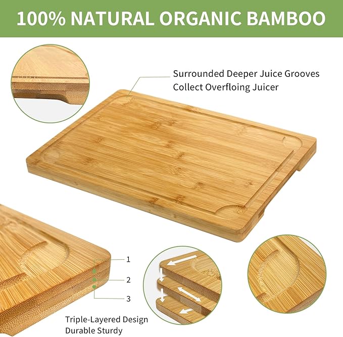 4 Piece Extra Large Bamboo Cutting Board Set For Kitch, Heave Duty Wood Cutting Board With Juice Groove Pre Oiled Chopping Board Set For Meat Vegetable Fruits
