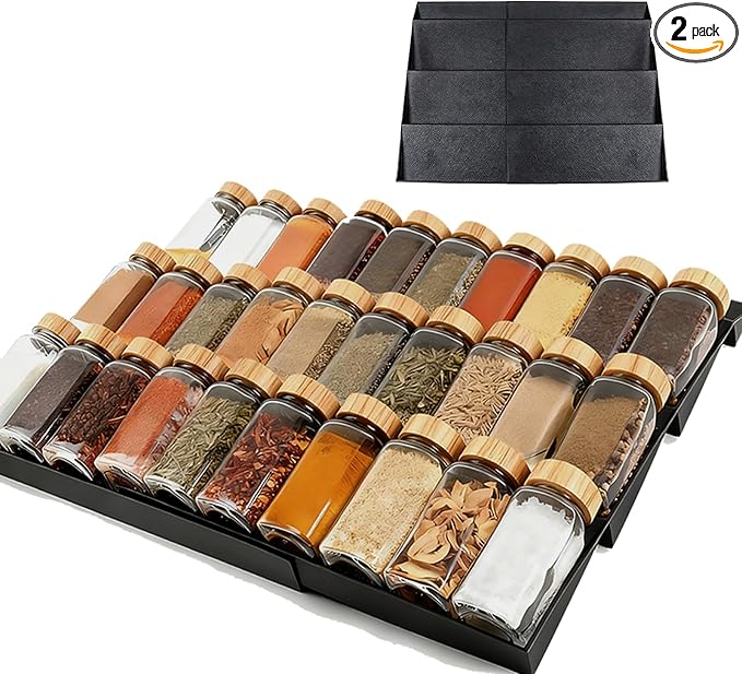Spice Drawer Organizer, 4 Tier- 2 Pack Drawer Seasoning Organizers, Kitchen Spice Rack Tray Expandable From 12" to 24", Black Spice Rack Insert for Cabinet Countertop(Jars Not Included)